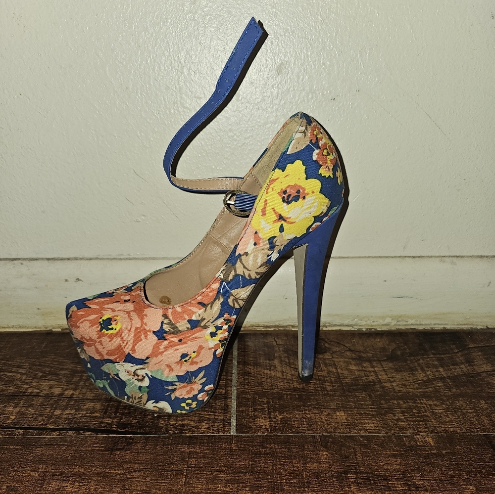 Floral Platform Heels - Blue and Multicolor